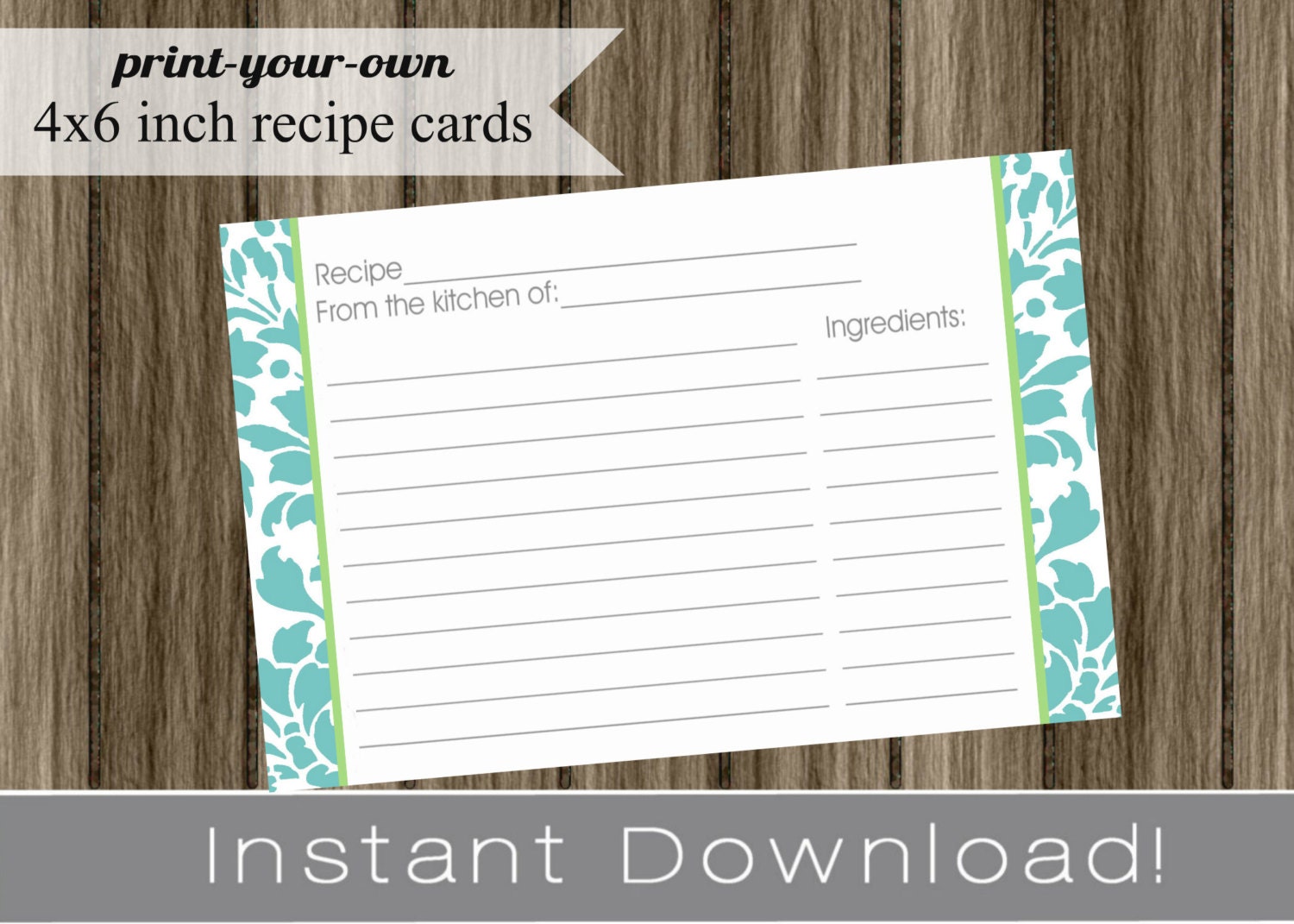 Printable Recipe Cards DIY turquoise damask INSTANT DOWNLOAD digital Print Your Own 4x6