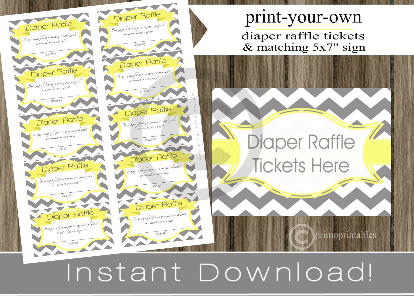 Baby Shower Diaper Raffle Tickets with matching sign yellow and gray chevron INSTANT DOWNLOAD diy digital printable file print your own Il_170x135