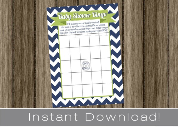 Baby Shower Bingo Game Cards navy blue chevron and green INSTANT DOWNLOAD diy digital printable file print your own Il_570xn
