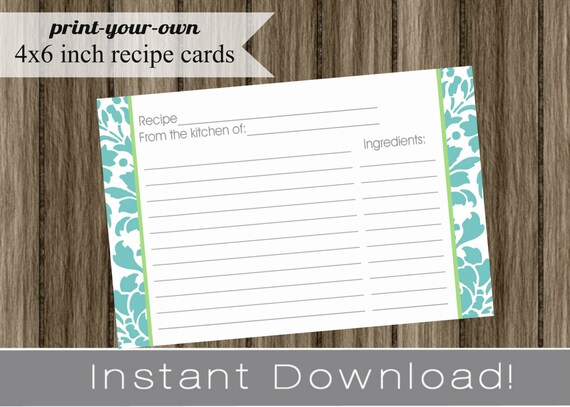 Printable Recipe Cards DIY turquoise damask INSTANT DOWNLOAD digital Print Your Own 4x6 Il_570xn