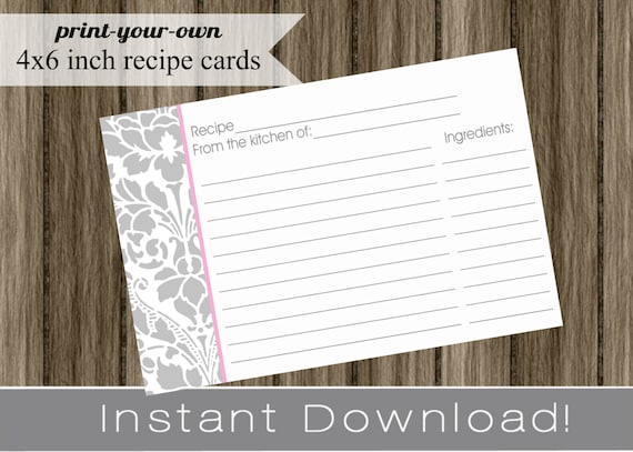 Printable Recipe Cards DIY silver gray damask with pink INSTANT DOWNLOAD digital Print Your Own 4x6 inch Il_570xn
