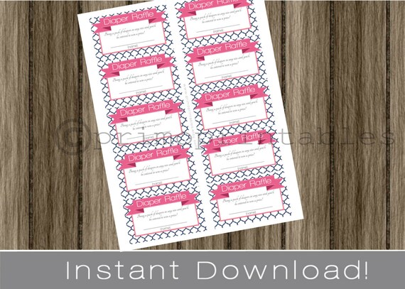 Baby Shower Diaper Raffle Tickets navy blue preppy pink INSTANT DOWNLOAD diy digital printable file print your own Il_570xn