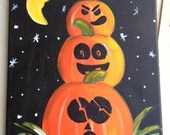 PUMPKIN TRIO, Halloween, Spooky, Orange & Black 11x14 Acrylic on Canvas, Original Painting