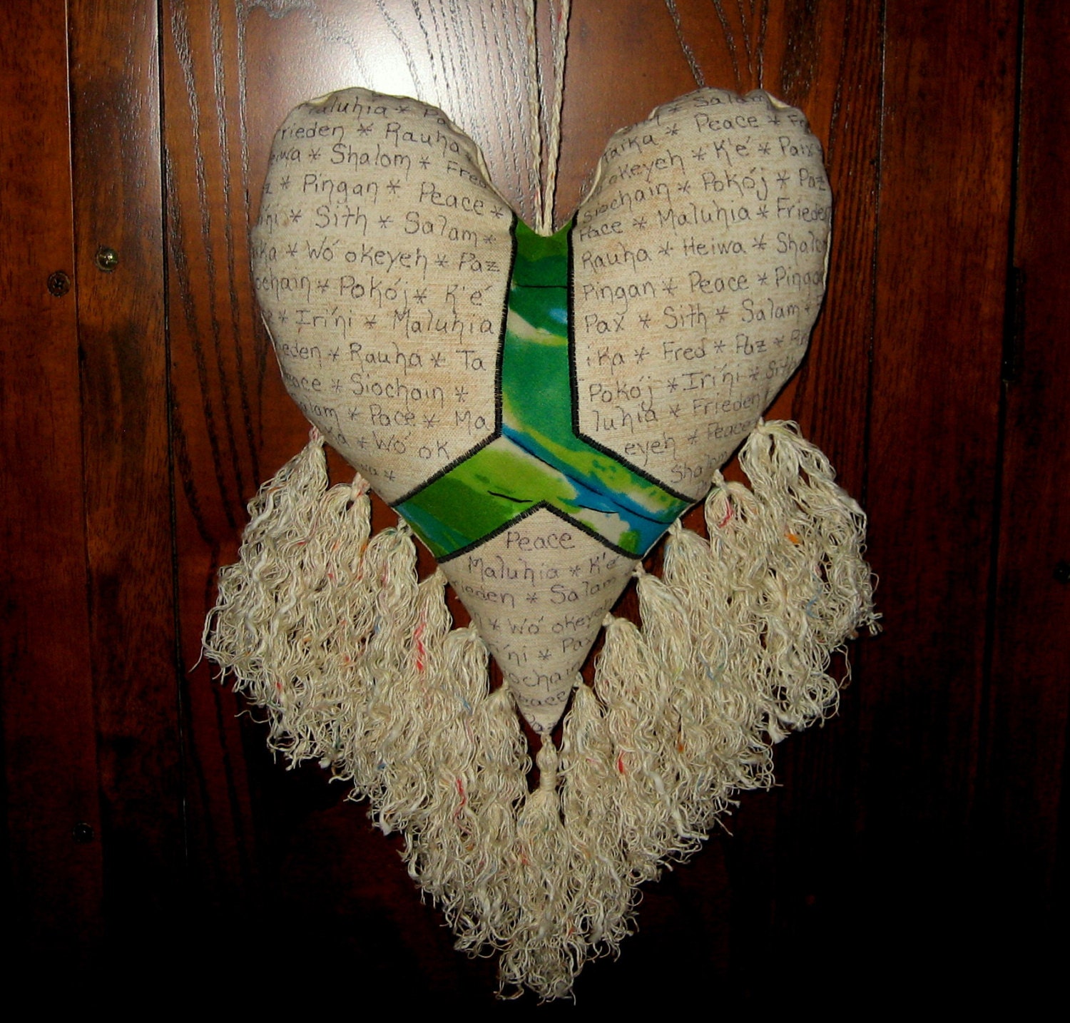 20 Languages' Peace/Love Hanging Heart / Hippie Bohemian Fiber Art Wall Hanging Upcycled  Valentines Day Heart Wall Decor