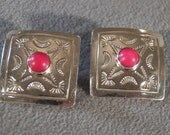 Vintage  Sterling Silver 2  Round Red Coral Scrolled Raised Relief Etched  Bold Dangle Pierced Earrings