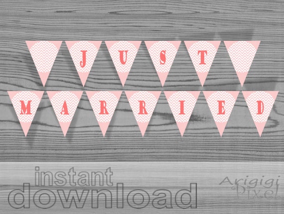 just married peach pink printable banner letter over chevron circle wedding decoration PDF file download immediately