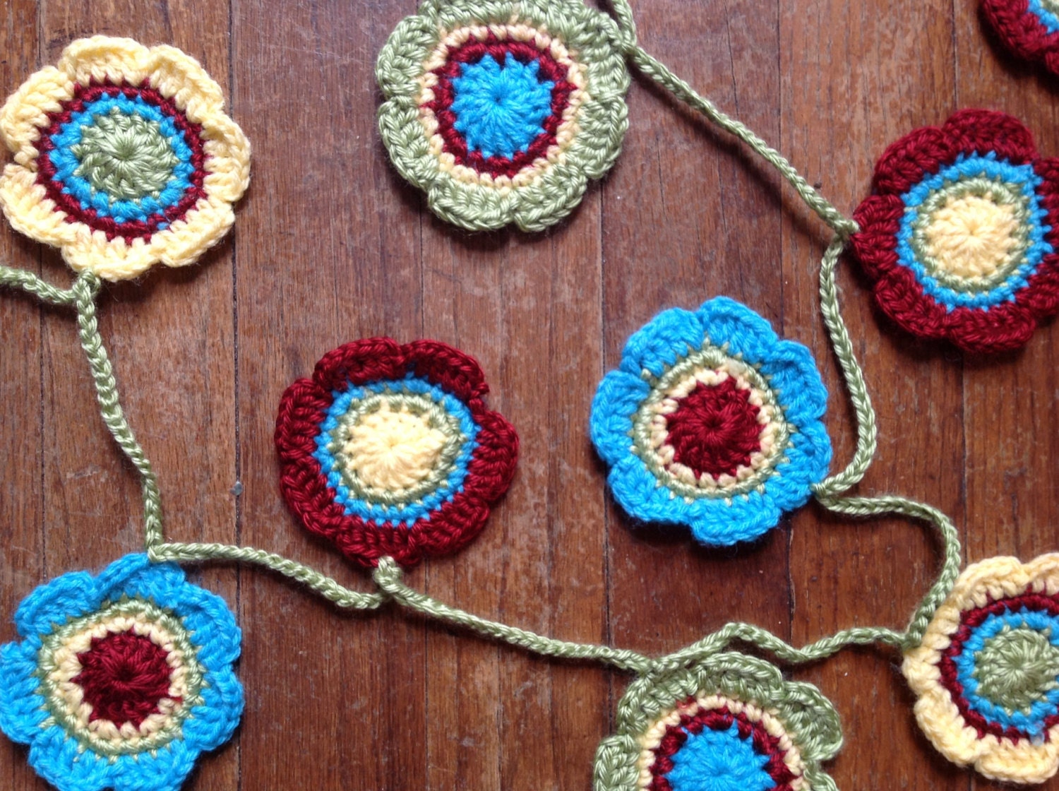 Flower Doily Bunting Banner 16 Flowers Pistachio Green Sunshine Yellow Apple Red Bright Blue