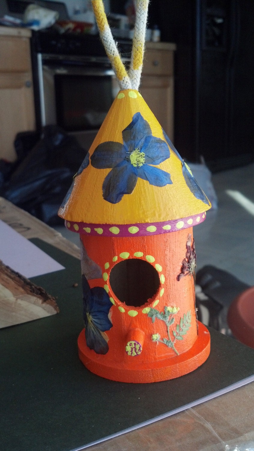 Painted and Hanging Decorative Birdhouse with Pressed Flowers