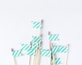12 Sea Foam Green Stripe  Washi Tape Flags & Pink Glittered Cake Topper, Birthday, wedding, engagement party, tea party