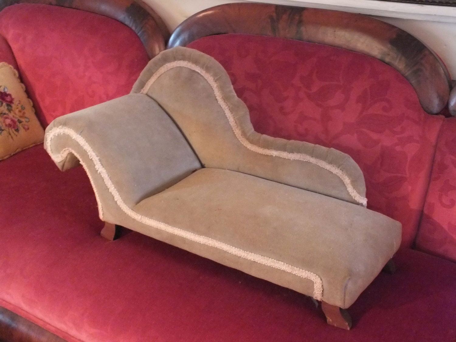 Antique or Vintage Victorian Toy Miniature Chaise Fainting Couch Doll Sofa- Shabby Faded Velvet Elegance