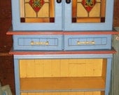 Vintage Kitchen Hutch painted cupboard stainglass doors French Country Shabby Chic