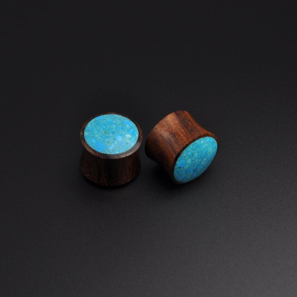 PAIR - SONO Wood & Crushed Turquoise Stone Ear Plugs 100% Organic Nature Made Gauges Handmade Polished