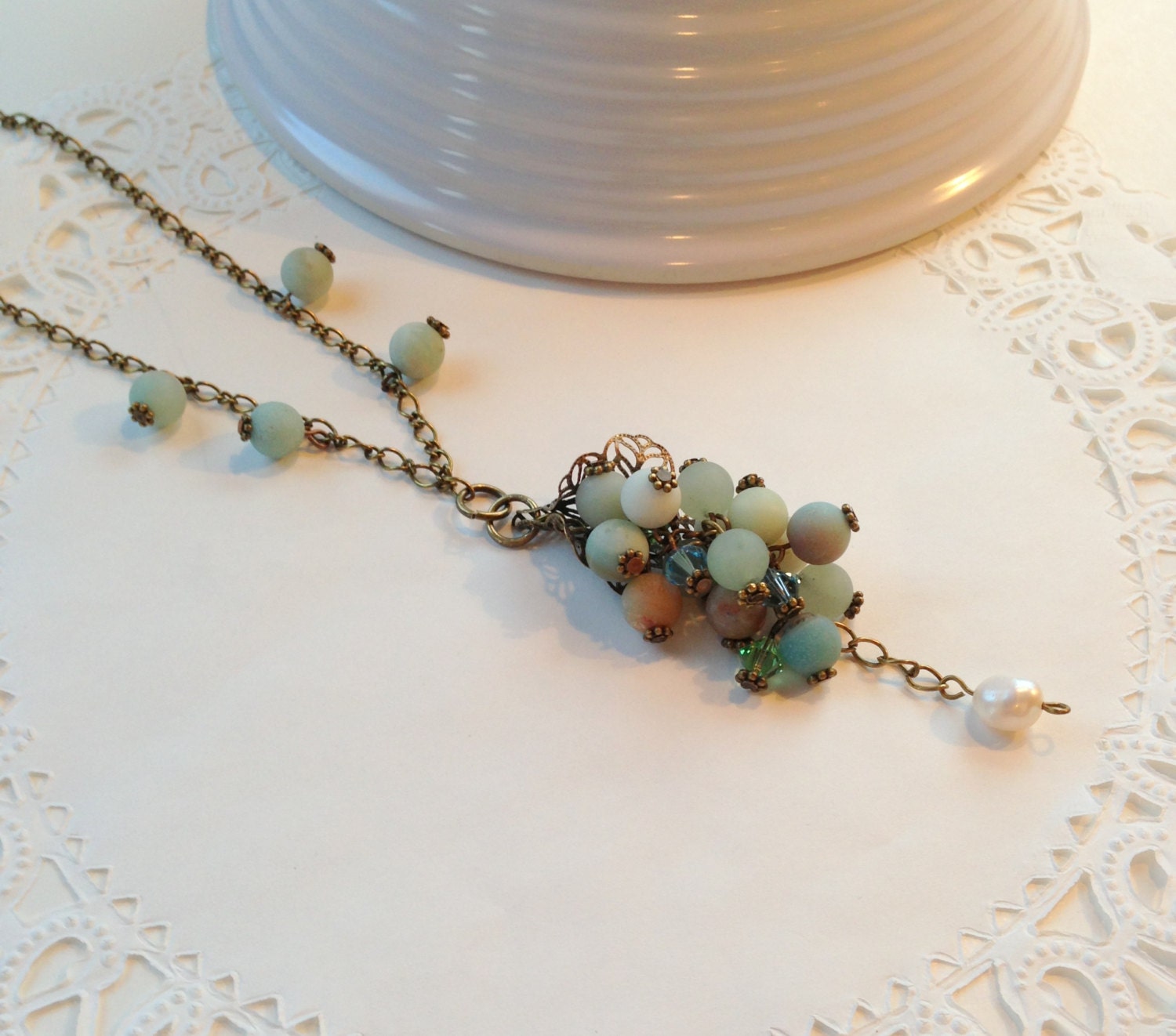 Light Green Blue Amazonite and Aventurine Berry Necklace OOAK Gift For Her Gemstone Fashion Jewelry