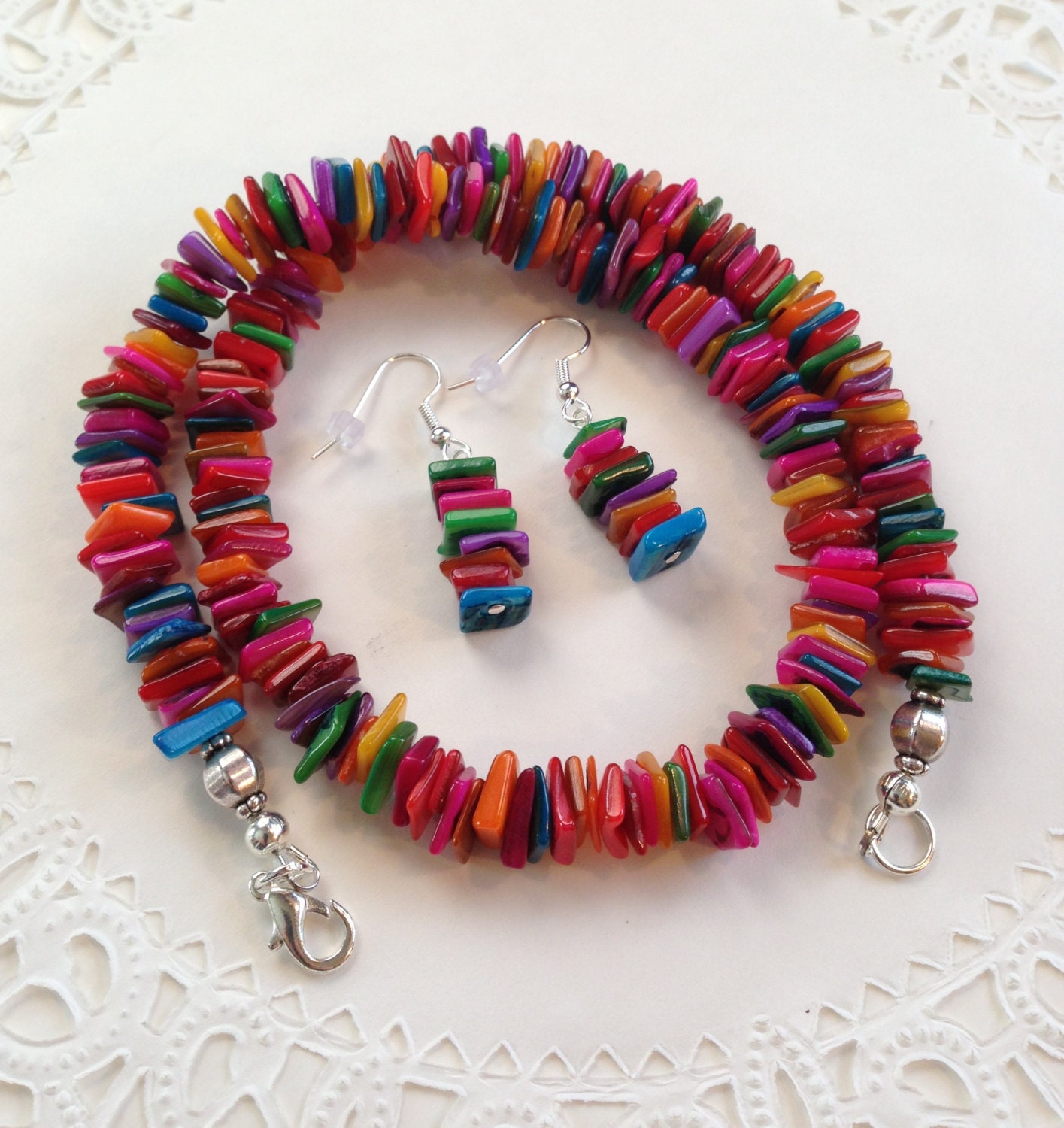 Multi Color Mother of Pearl Necklace and Earrings OOAK Fashion Jewelry Gift for Her