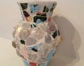 Pink, blues, greens, mosaic vase shabby chic, cottage chic, with stone, shells, and broken pottery tile treasury list