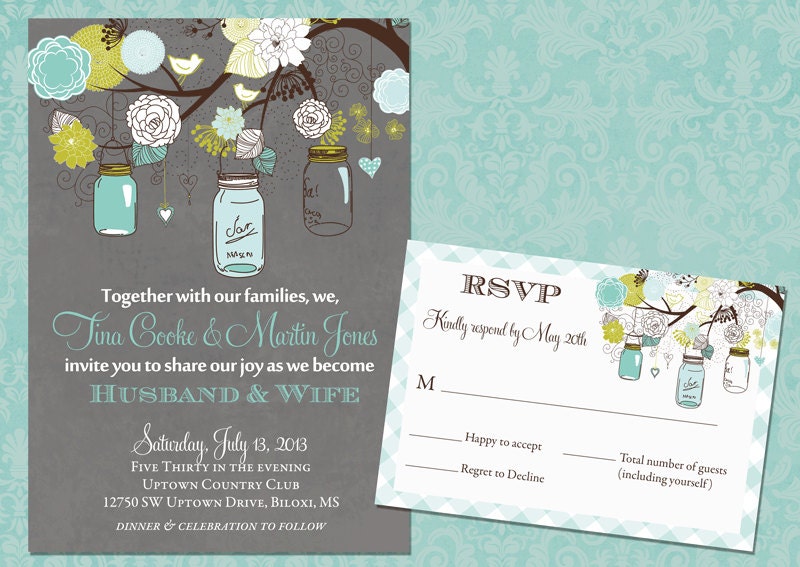 Rustic Mason Jar Floral Branch Wedding Set - Invitation and RSVP Card - Printable Il_170x135