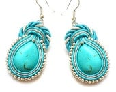 Earrings soutache with stones turquoise. In colors : turquoise, silver and white.