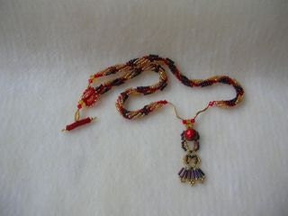 Arabian Night Red Purple Gold Spiral Beadwoven Necklace Red Bell Pendant EBWT