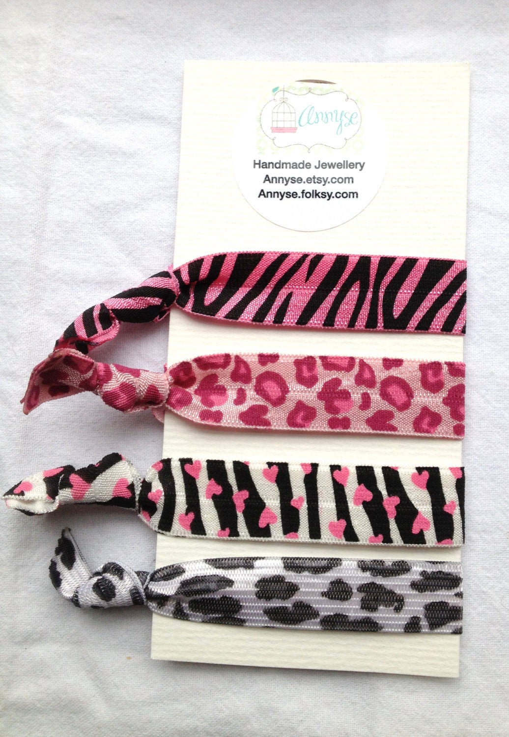 Animal Print Hairties Hair Elastics Ponytail Holders Pink Neon Black Zebra Leopard Cow Prints Pack of 4 Hair Accessories
