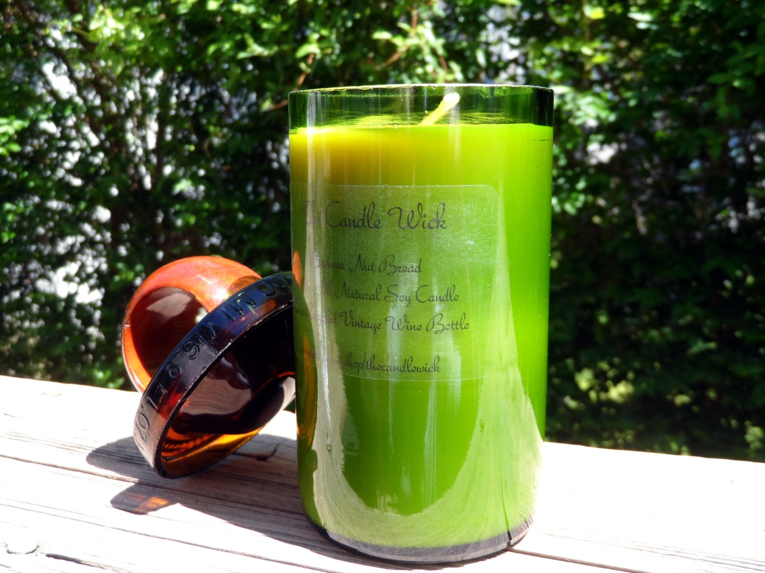Vintage Upcycled Wine Bottle Container with Handmade Lid All Soy Candle Banana Nut Bread Scent