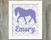 Girls Bedroom Decor Chevron Purple Dressage Horse Art Print Personalized Name Custom Colors Grey Childrens Art Nursery