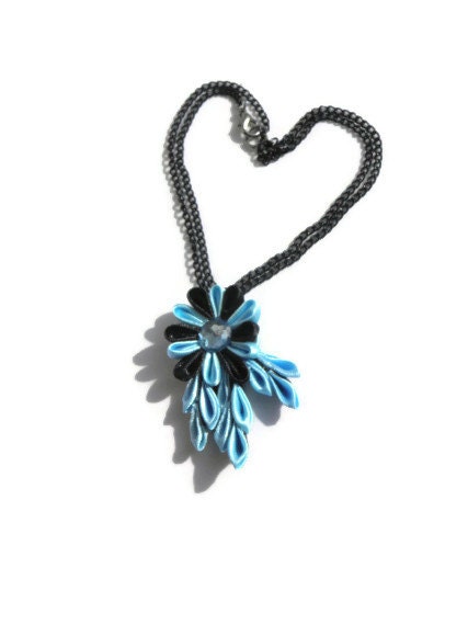 Tsumami Flower Pendant with black chain/ black Blue/ Fabric Jewellery / fashion 2013/ gift for her - BestMaria