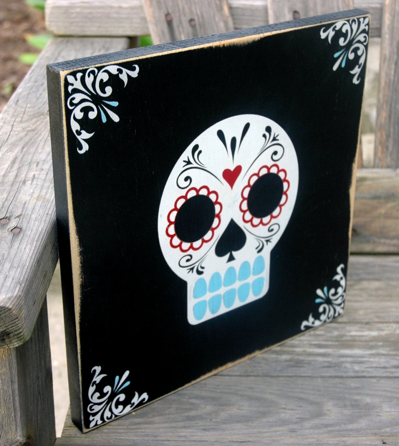 14x14 Rustic Skull Art Painting and Dia De Los Muertos Tattoo Spray Paint Art on Wood