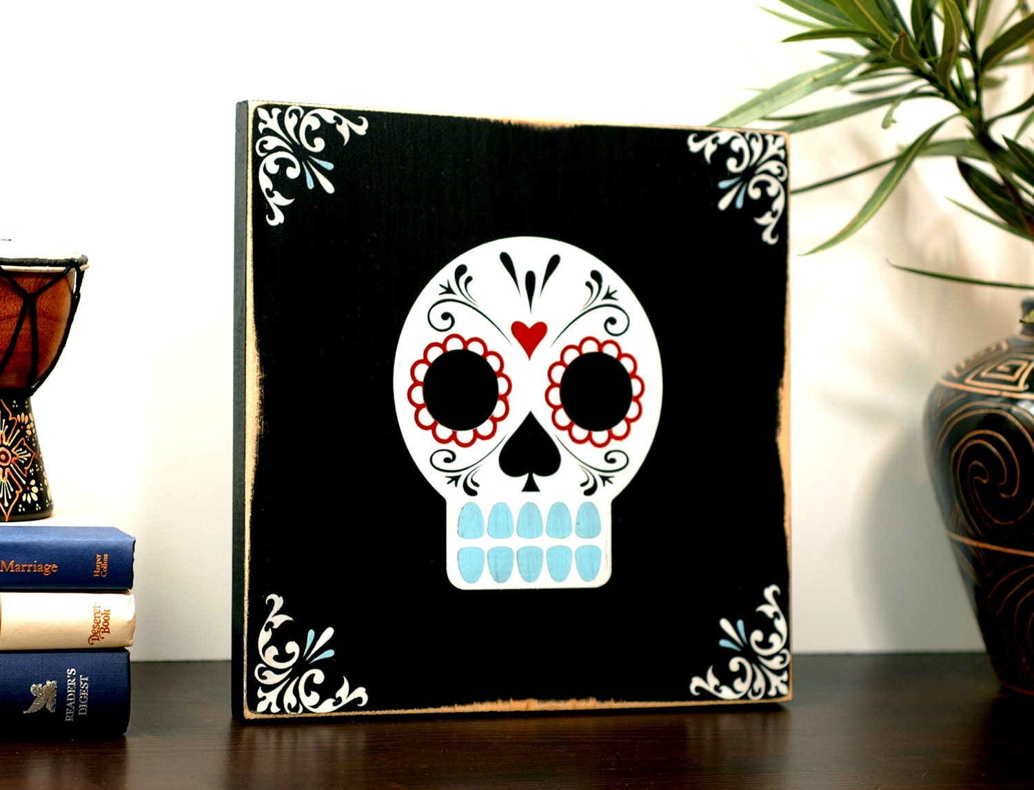 14x14 Rustic Skull Art Painting and Dia De Los Muertos Tattoo Spray Paint Art on Wood