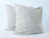 Natural beige floral pillow 16x16 Cushion Cover Rustic linen pillow set Embroidered pillow