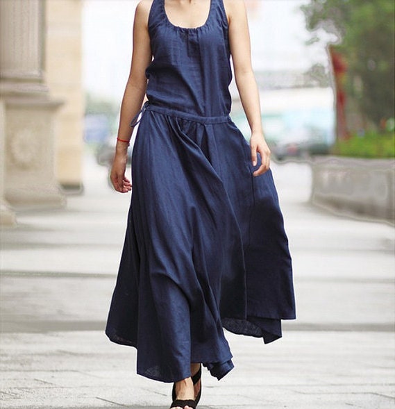 Women Dark Blue linen Maxi Dress Unique Loose fitting Long Vest Sundress Summer Dress Long Dress S-L
