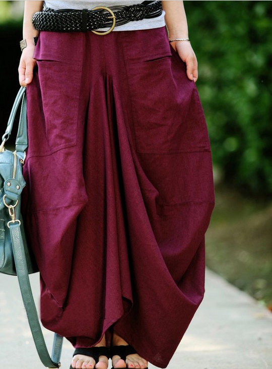 women's Linen cotton Maxi Dress Sundress Day dress Purple flax Sexy Casual big Pleat big pocket Long Maxi Skirt -M