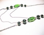 Layers necklace with green cristal beads and green pearls,long necklace, statement necklace