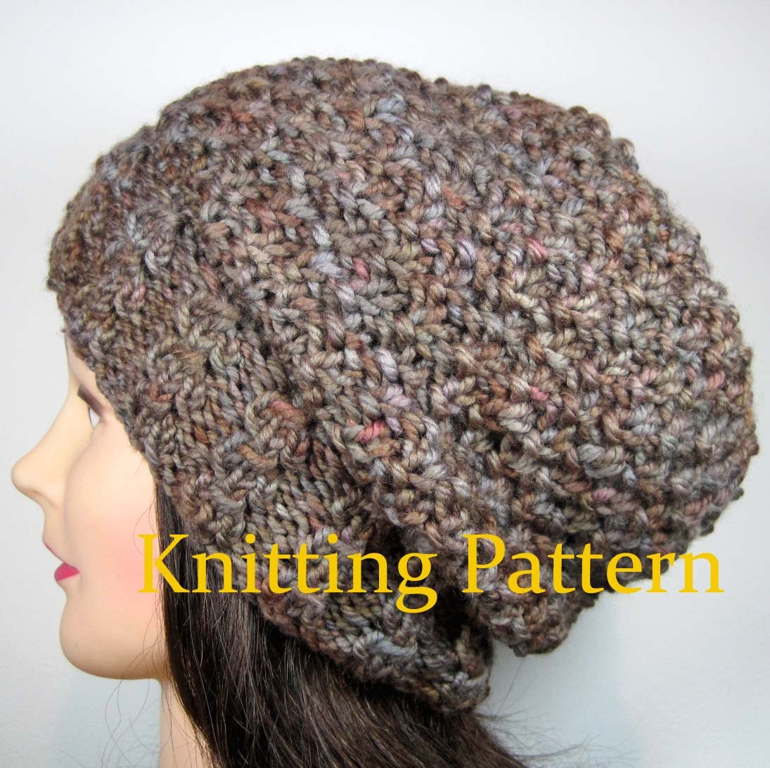 Knitting Pattern for Textured and Cabled Unisex Slouch Beanie Hat, PDF File Instant Download