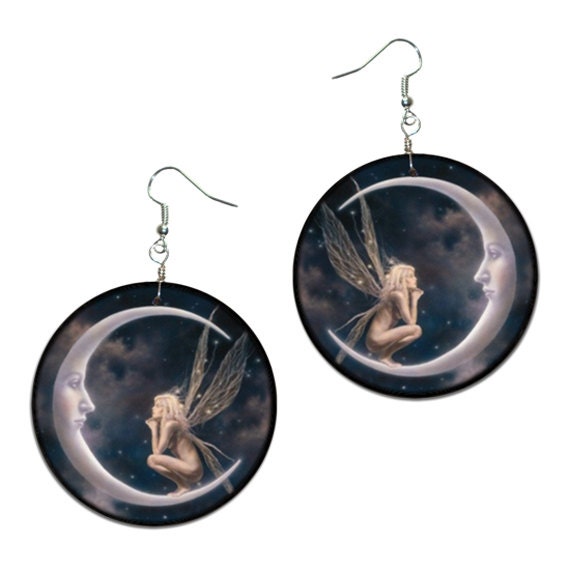 Elf on the moon - handmade earrings  - decoupage