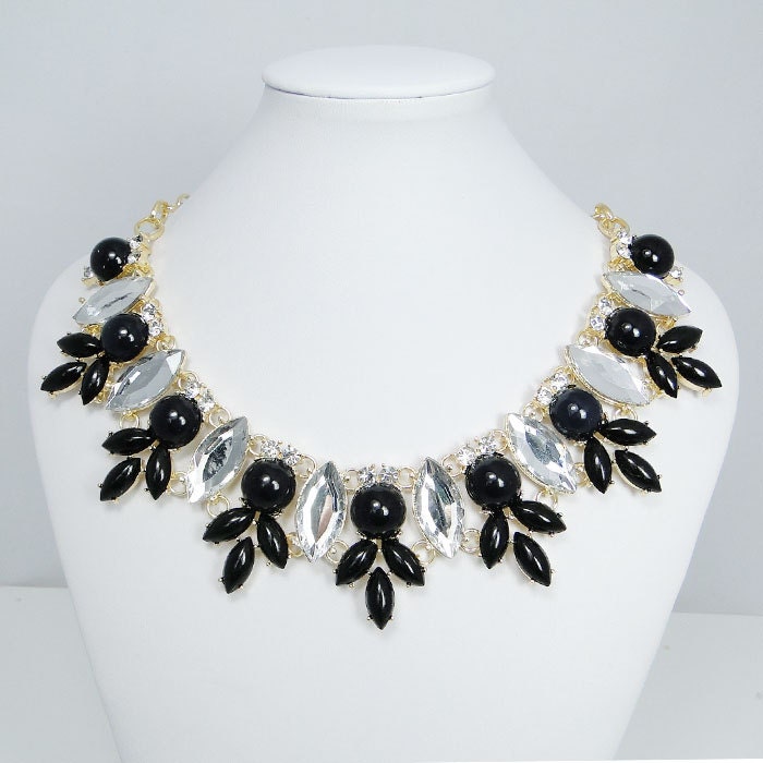 NEW High Quality Handmade Rhinestone Crystal Necklace, Black Bubble Bib Statement Necklace, Cluster Chunky Necklace-122310045