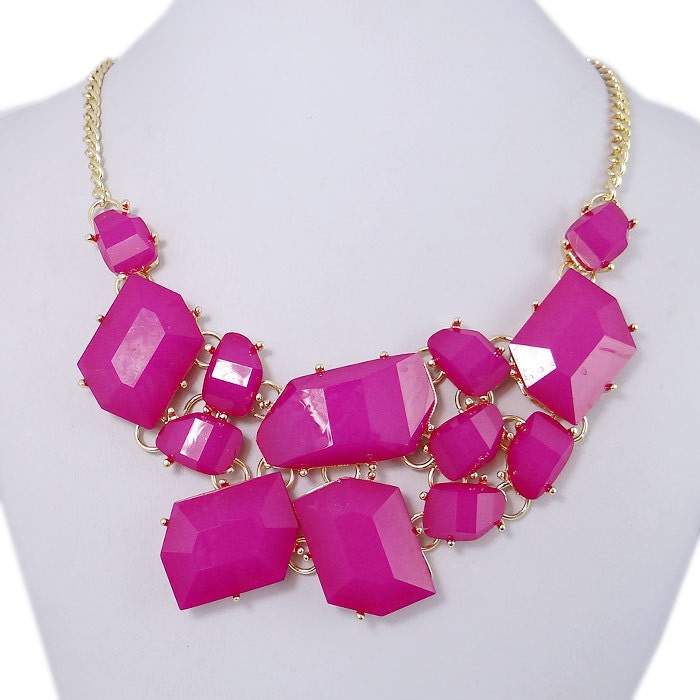 High Quality Gold Tone Statement Necklace, Fuchsia Bib Bubble Necklace, Rhinestone Chunky Cluster Necklace-124973291