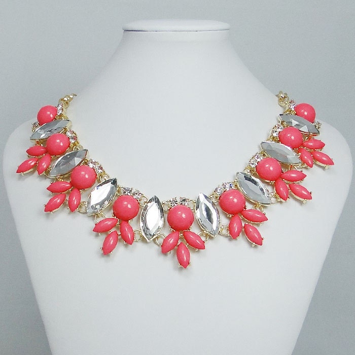 NEW High Quality Handmade Rhinestone Crystal Necklace, Pink Peach Bubble Bib Statement Necklace, Chunky Cluster Necklace-122310527