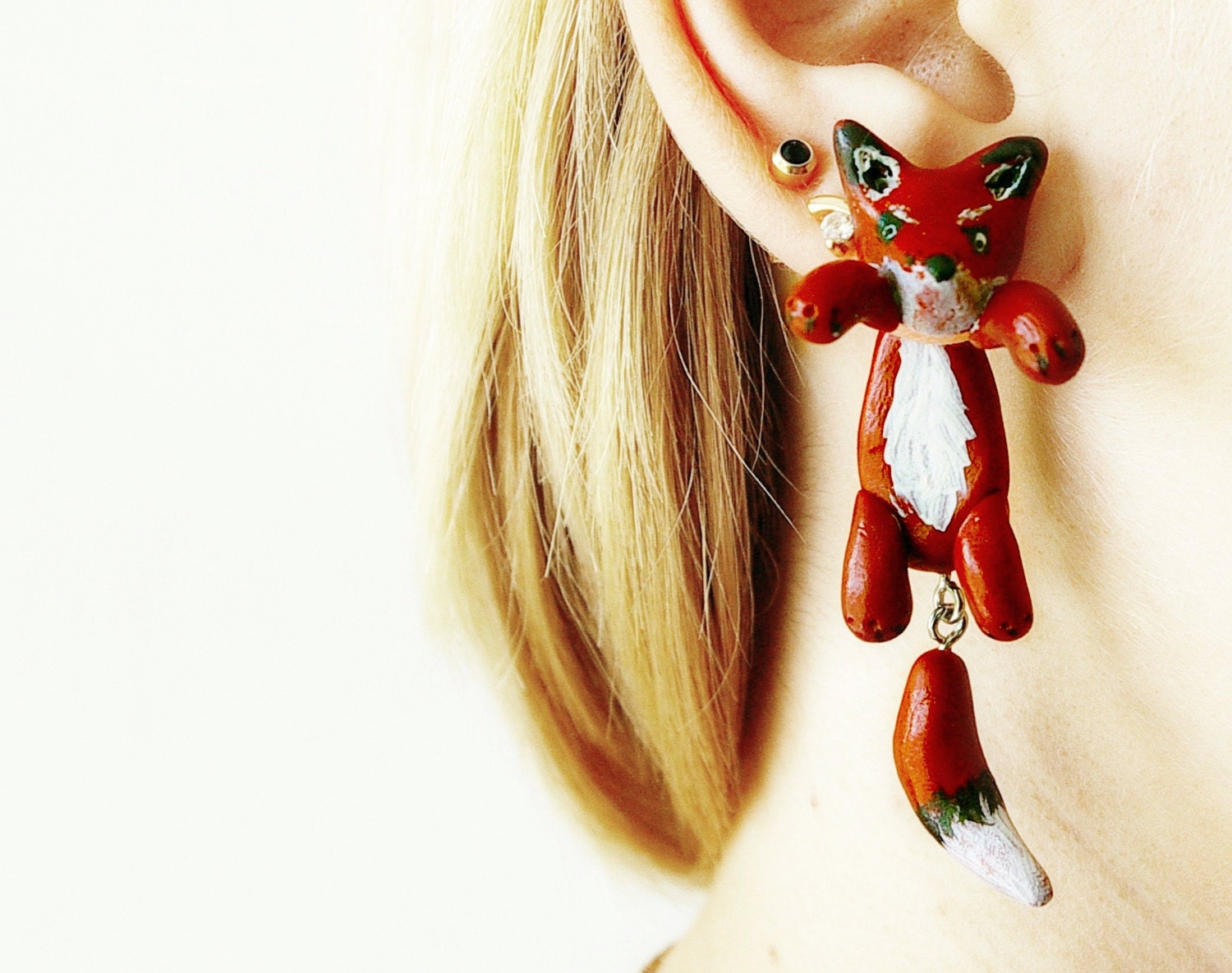 Pair of Real Custom Gauges Plugs 0g, 00g, 7/16, 1/2, 9/16, 5/8, 3/4, 7/8, 1 inch earrings red fox, Polymerclay, handmade