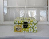 Retro Metal File Box - Retro Flowers - Green - Yellow - Antique Metal Box - Industrial Chic - 1960s