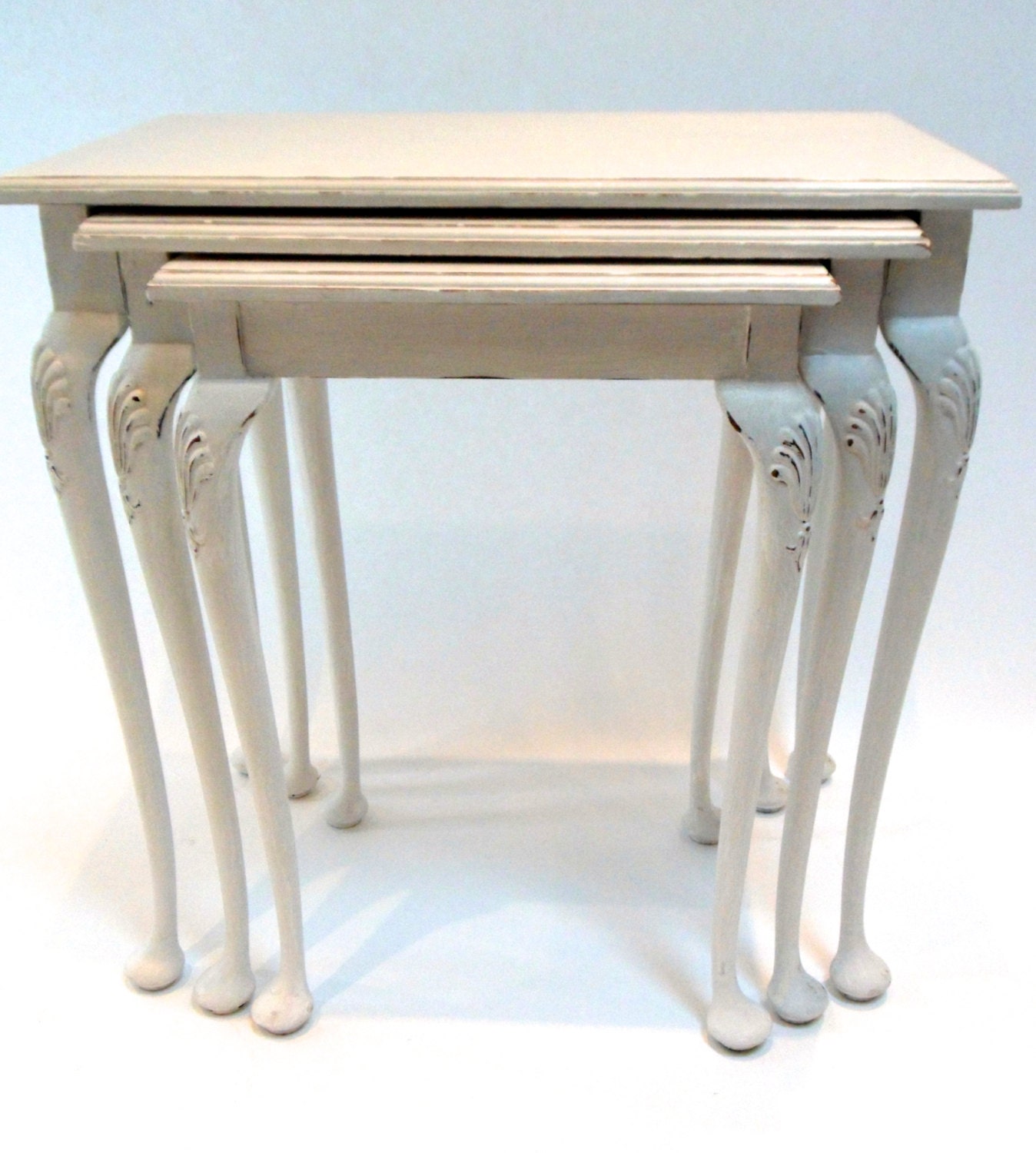 Upcycled Triple Nesting Tables in a Shabby Chic Finish Painted in "Strong White" by Farrow & Ball