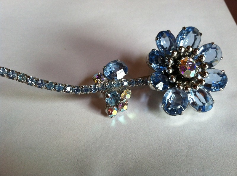 Juliana Book Piece, Blue and AB Rhinestones Flower Brooch