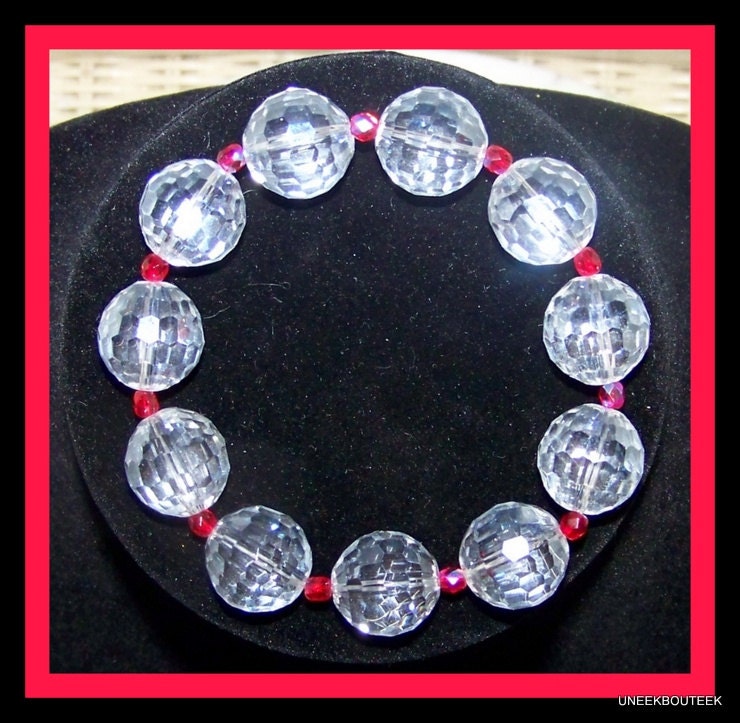 Faceted Crystal "JOIE DE VIVRE" Stretchable Bracelet  - Sparkling Clear & Ruby Red -  Beadwork - Matching Necklace