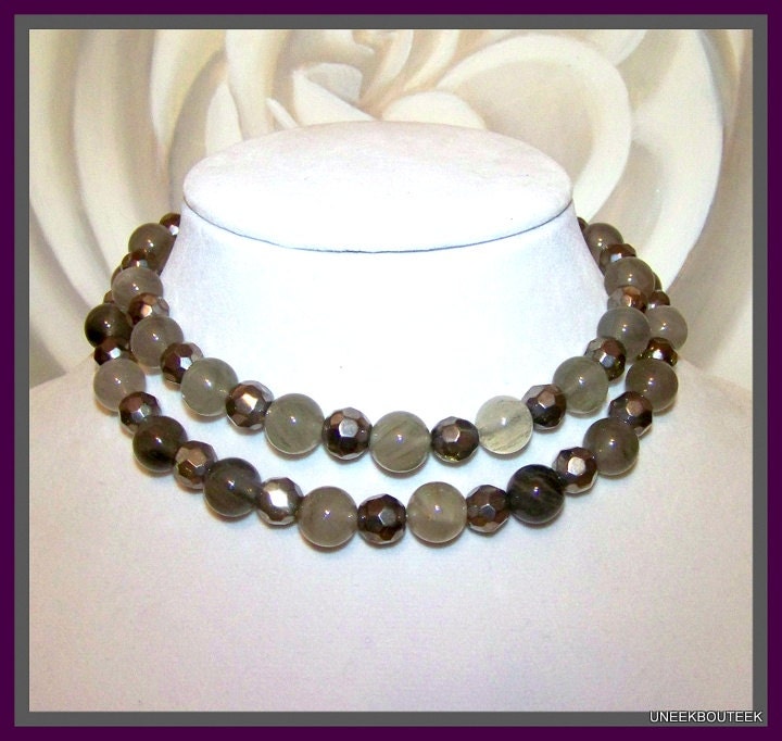 Smoky- Rutilated Quartz & Crystal "MOON NOIR" Necklace - Beadwork - Long Strand Necklace - Grey and Silver Colors