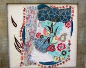 TURQUOISE LEAVES hand embroidery, fiber art. mixed media, wall hanging, wall decor, OOAK