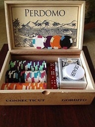 Handmade poker set with custom clay casino chips dice and cards