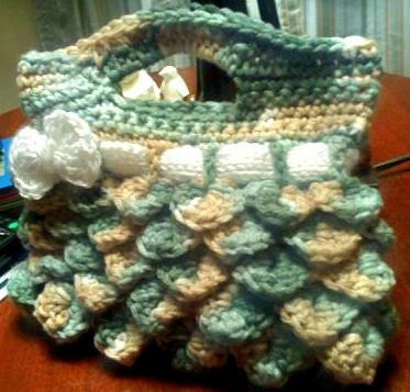 Crochet Purse with Cute White Bow, Green Camel and White Crocodile Stitch Handbag Gift by Knit Blossom