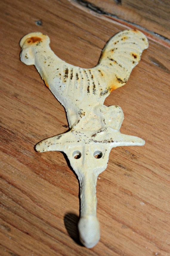 Rustic Farmhouse -Kitchen Chicken Hook Rooster Wall Hanging - Rusty White Washed Ranch Decor