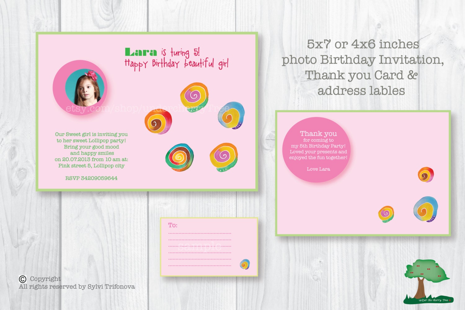 Custom Printable  Birthday Party Photo Invitation set -  Lollipop theme. Birthday Invitation. Thank you card. Labels. Party - Best price