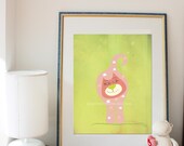 Nursery wall art print - Pink cat on vintage green.  Nursery wall art modern. 8x10 inches. Children wall art  prints.