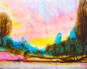 Pink Sunrise Mountain Landscape Print, Original Watercolor Painting on Glass, GICLEE Print and Art Poster by Atiartstudio